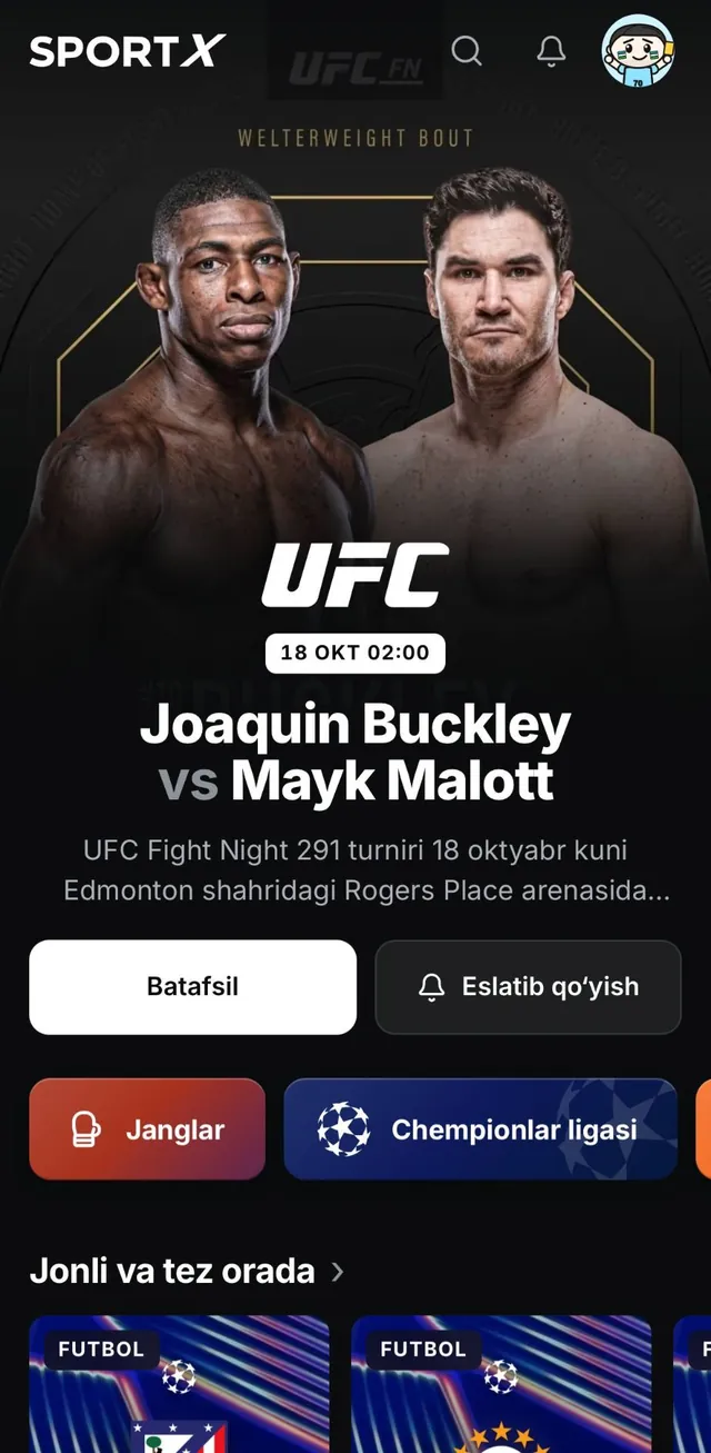 SportX bosh sahifasi: UFC kechasi afishasi