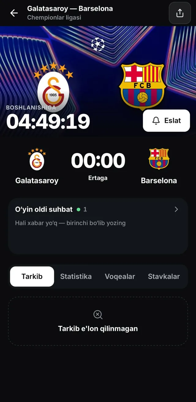 O‘yin sahifasi: boshlanishgacha taymer va eslatma